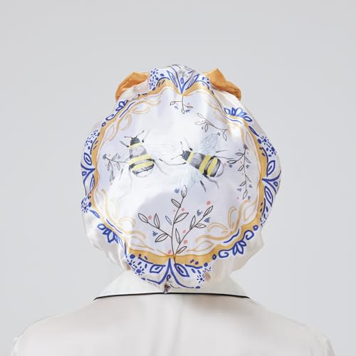 Longdon Homeone Duschhauben für Frauen, mit einer Vielzahl von Mustern, Schleifen-Design, große Größe, wasserdichte Badekappen für langes Haar, mit doppellagigem Satin & EVA-Stoff (Biene) von LONGDON HOMEONE