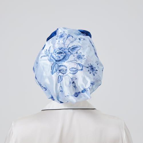 Longdon Homeone Duschhauben für Frauen, mit einer Vielzahl von Mustern, Schleifen-Design, große Größe, wasserdichte Badekappen für langes Haar, mit doppellagigem Satin & EVA-Stoff (Blaue Rose) von LONGDON HOMEONE
