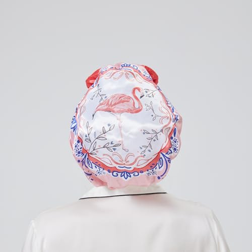 Longdon Homeone Duschhauben für Frauen, mit einer Vielzahl von Mustern, Schleifen-Design, große Größe, wasserdichte Badekappen für langes Haar, mit doppellagigem Satin & EVA-Stoff (Flamingo) von LONGDON HOMEONE