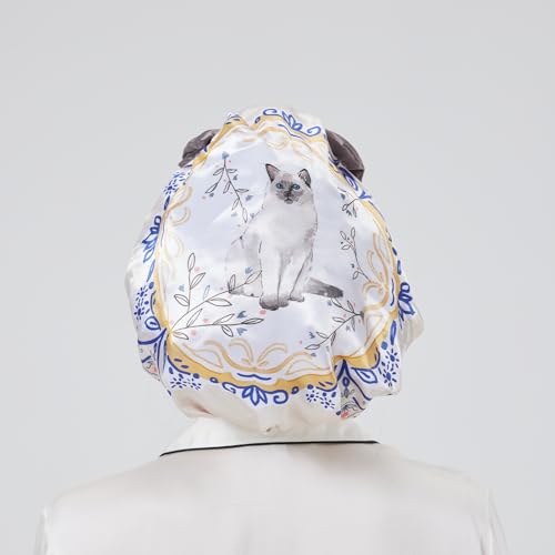 Longdon Homeone Duschhauben für Frauen, mit einer Vielzahl von Mustern, Schleifen-Design, große Größe, wasserdichte Badekappen für langes Haar, mit doppellagigem Satin & EVA-Stoff (Katze) von LONGDON HOMEONE