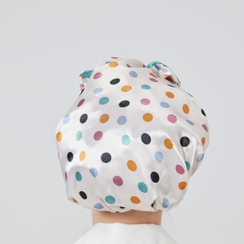 Longdon Homeone Duschhauben für Frauen, mit einer Vielzahl von Mustern, Schleifen-Design, große Größe, wasserdichte Badekappen für langes Haar, mit doppellagigem Satin & EVA-Stoff (Punkte) von LONGDON HOMEONE