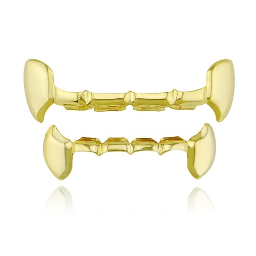 LONGHAO 2 pcs Hip Hop Teeth Grills Hip-Hop-ZähneGolden Hip Hop Grills Zahnspange Decoration Grillz Zähne Set,mit 2 Silikonformleisten,für Musikfestivalpartys,Hip-Hop-Rapper (Gold) von LONGHAO