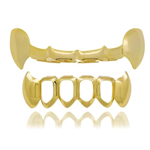 LONGHAO 2 pcs Hip Hop Teeth Grills Hip-Hop-ZähneGolden Hip Hop Grills Zahnspange Decoration Grillz Zähne Set,mit 2 Silikonformleisten,für Musikfestivalpartys,Hip-Hop-Rapper (Gold 2) von LONGHAO