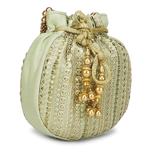 LONGING TO BUY Potli Bag Damen Potli Tasche für Rückgabe Geschenk Potli Tasche mit goldenem Griff ideal für Hochzeit Party, Grün von LONGING TO BUY