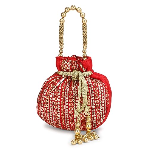 LONGING TO BUY Damen Potli Tasche, Potli Tasche für Rückgabe Geschenk, Potli Tasche mit Goldenem Henkel Ideal für Hochzeit & Party, Rot/Ausflug, einfarbig (Getaway Solids) von LONGING TO BUY