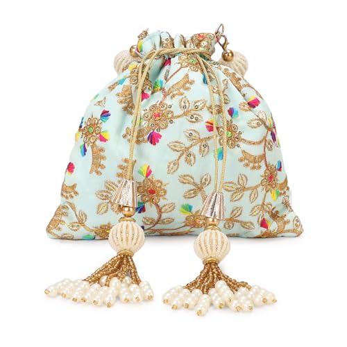 LONGING TO BUY Indische bestickte Perlen-Potli-Tasche für Damen, Sequenz-Design mit Quaste, Hochzeits-Potli-Taschen, Himmelblau 3 von LONGING TO BUY