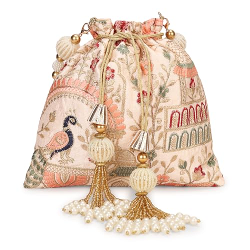 LONGING TO BUY Potli Damen-Clutch mit goldener Zari-Stickerei, Polti-Tasche für Hochzeit und Abend, Potli-Clutch für ethnische Kleidung, Pfirsich, L 8" X W 1" x H 9" Inch von LONGING TO BUY
