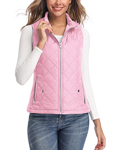 LONGKING Damen Weste Leicht Stehkragen Weste Steppweste mit Reißverschluss Ärmellose Oberteile Tops Coat Jacke Outdoor Rosa XS von LONGKING