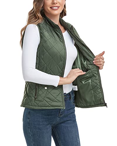 LONGKING 2023 Upgraded, Damen Outwear Weste mit einer Innentasche - Stehkragen Leichte Reißverschluss Steppweste für Frauen, Grün (Army Green), M von LONGKING