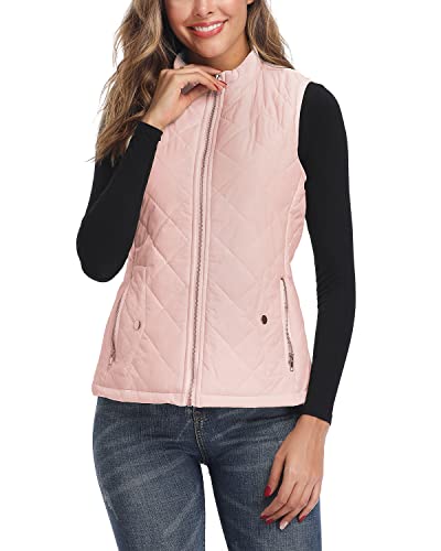 LONGKING Damen Weste Leicht Stehkragen Weste Steppweste mit Reißverschluss Ärmellose Oberteile Tops Coat Jacke Outdoor Aprikosenrosa S von LONGKING