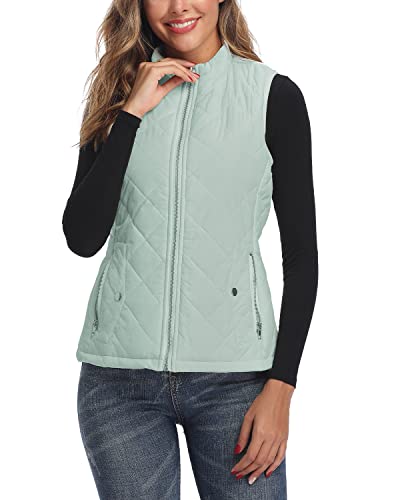 LONGKING Damen Weste Leicht Stehkragen Weste Steppweste mit Reißverschluss Ärmellose Oberteile Tops Coat Jacke Outdoor Hellgrün L von LONGKING