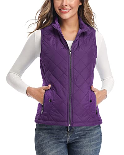 LONGKING Damen Weste Leicht Stehkragen Weste Steppweste mit Reißverschluss Ärmellose Oberteile Tops Coat Jacke Outdoor Lila L von LONGKING