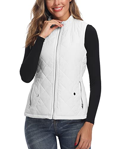 LONGKING Damen Weste Leicht Stehkragen Weste Steppweste mit Reißverschluss Ärmellose Oberteile Tops Coat Jacke Outdoor Reines Weiß XXL von LONGKING