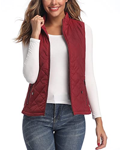 LONGKING Damen Weste Leicht Stehkragen Weste Steppweste mit Reißverschluss Ärmellose Oberteile Tops Coat Jacke Outdoor Rot L von LONGKING