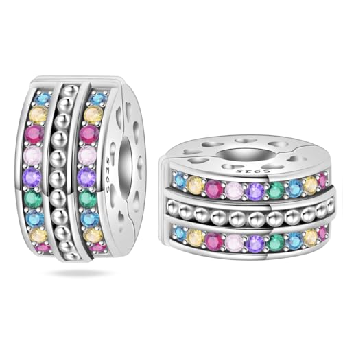 LONGLUCK 925 Sterling Silber Stopper Clip Charms für Armband Halskette Spacer Perlen mit 5A Cubic Zirkonia Muttertag Weihnachten DIY Geschenk für Frauen (2PCS) von LONGLUCK