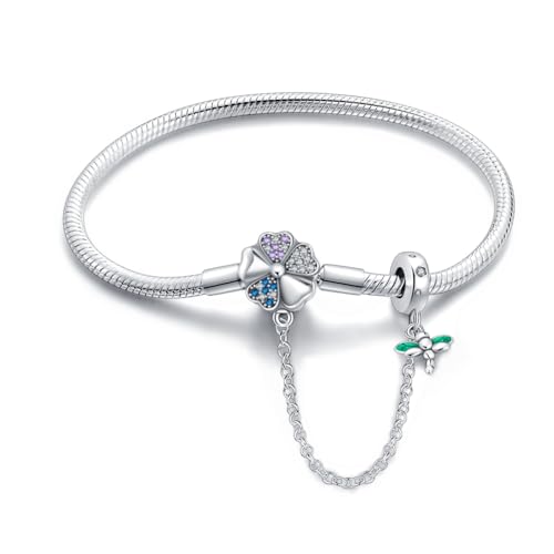 LONGLUCK Armkette Damen Silber 925 Schlange Kette Libellen und vierblättriges KleeblattAnhänger Beads Charm Armband mit 5A Cubic Zirconia für Frauen Geschenk für Sie von LONGLUCK