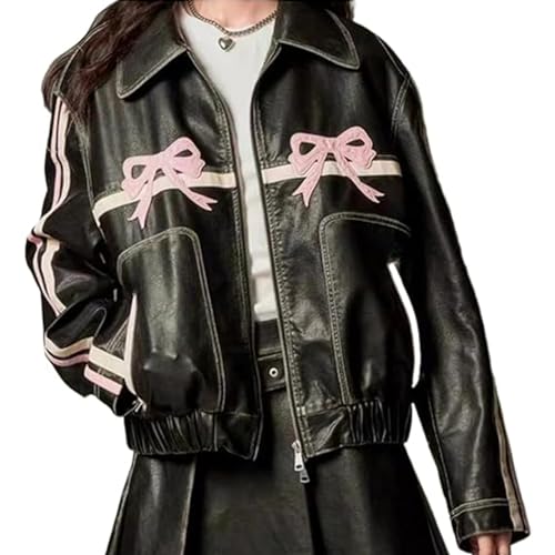 LONGSAO Bow Leather Jacket, Leather Bow Jacket, Pink Bow Leather Jacket, Women's Vintage Black Motorcycle Faux Leather Coat, Leather Bomber Jacket Faux Leather Jacket. (pink,S) von LONGSAO