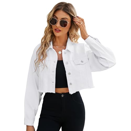 LONGYIDA Damen Jeansjacke Button Down Cropped Ausgefranste Jeansjacke Mantel, 0#Weiß, XX-Large von LONGYIDA