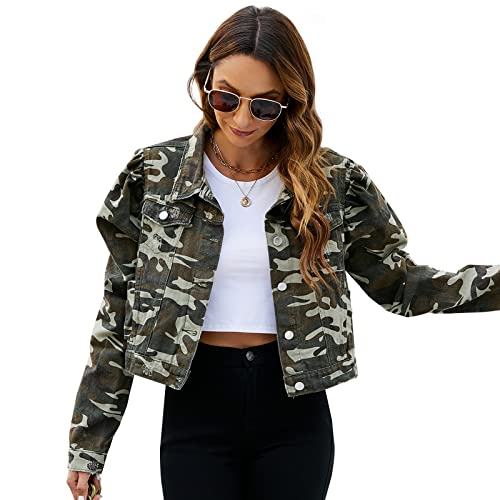 LONGYIDA Damen Jeansjacke Button Down Cropped Distressed Ausgefranste Jeansjacke Mantel, Camouflage, L von LONGYIDA