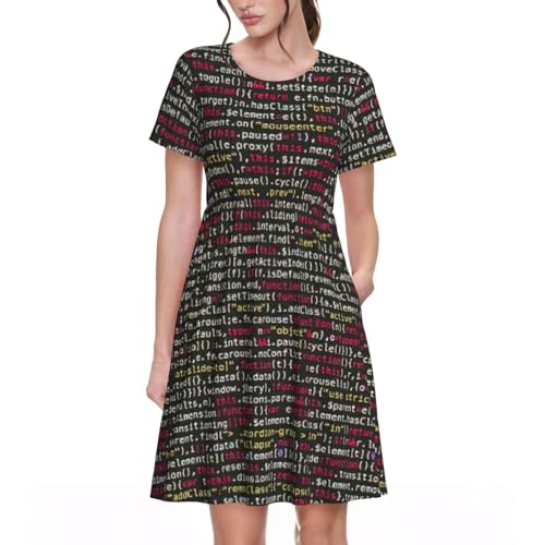LONGZEHAO Damen-Sommerkleid, lässig, Programmiercode-Druck, kurzärmelig, T-Shirt, Swing-Strandkleid mit Taschen, Schwarz, Groß von Longzehao