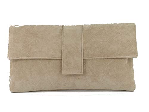 Fab großen Faux Wildleder Clutch Bag/Schultertasche In Nude Beige von LONI