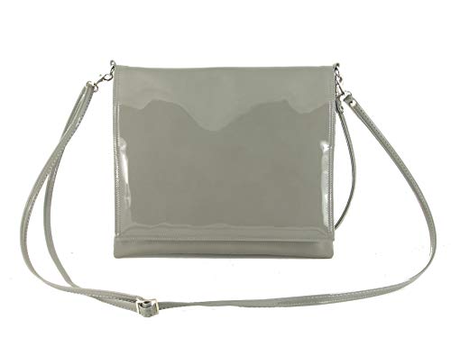 LONI Damen Clutch / Umhängetasche / Handtasche aus Lackleder, Grau (grau), Medium von LONI
