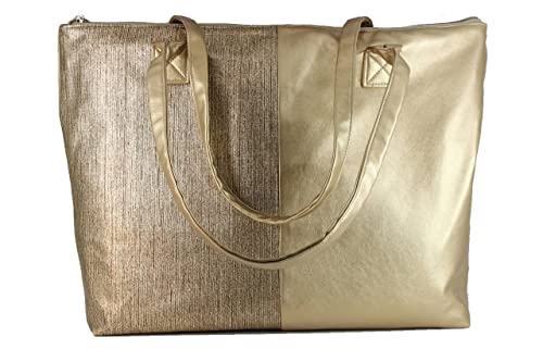 LONI Damen Metallic Kunstleder Shopper Tote Schultertasche Strand Urlaub Tasche Groß in Gold von LONI