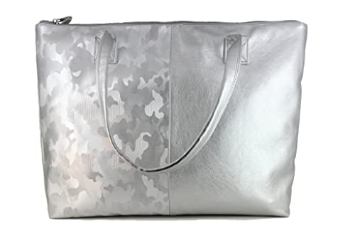 LONI Damen Metallic Kunstleder Shopper Tote Schultertasche Strand Urlaub Tasche Groß in Silber von LONI