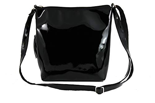 LONI Damen Umhängetasche Lack mit Reißverschluss, Schwarz - Schwarz - Größe: Medium von LONI