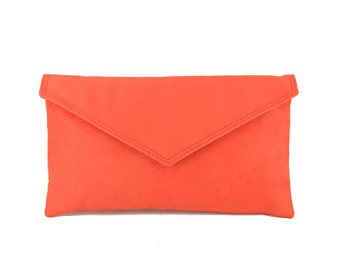 LONI Handgefertigte Clutch/Schultertasche aus Velourslederimitat, Chili Orange Rot, M, Clutches von LONI