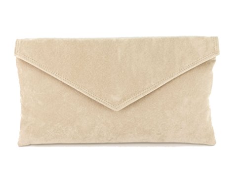 LONI Neat Umschlag Faux Wildleder Clutch Bag/Schultertasche In Nude Beige von LONI