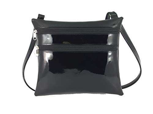 Super Flache Schultertasche/Cross-Body/Handtasche Kunst Lackleder Mittel Größe in schwarz von LONI