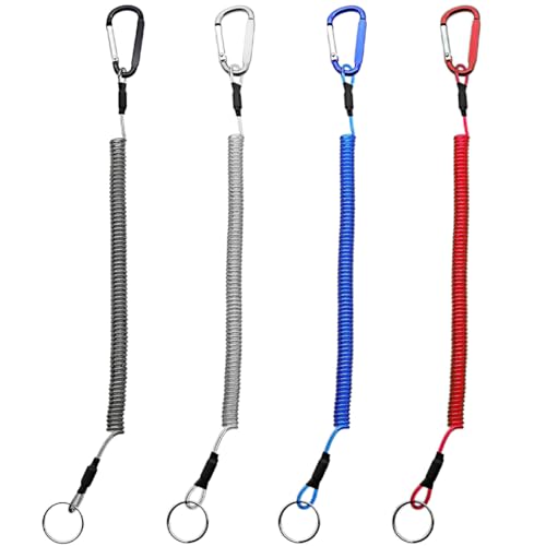 4 Stück Spiral Schlüsselanhänger Ausziehbare Schlüsselkette Angeln Lanyards Bootfahren Seile Karabiner Schlüsselanhänger mit Seil Tool für Bootfahren Kajak Camping und Jagd von LONSVTTU