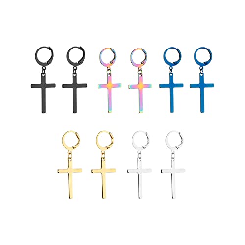 5 Paare Schmuck Unisex Creolen, Edelstahl Klassisches Kreuz Ohrringe Ohrstecker Ohrhänger Ohr-Piercing für Herren Damen, Schwarz Gold Silber Blau Bunt von LONSVTTU