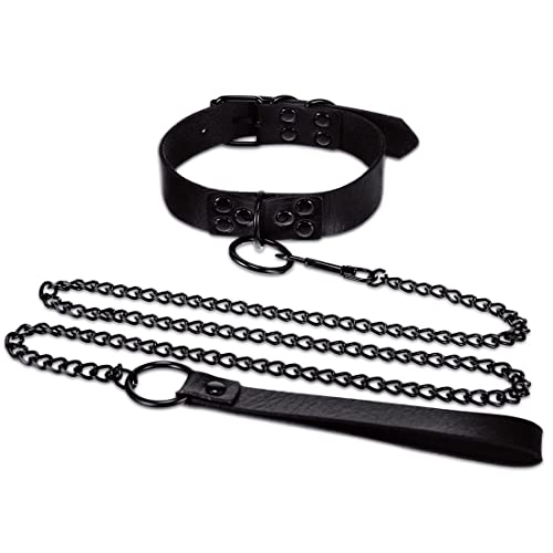 Punk Halskette aus PU Leder Halsband Geschirr mit Leine Ketten Schwarz Einstellbar Leder Halsbänder für Frauen Echtleder Lederhalsband Gothic Cosplay Choker Gürtel Harness von LONSVTTU