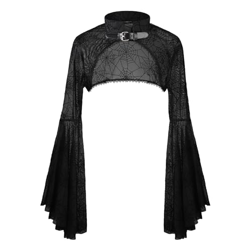 Bolero Damen Gothic Oberteile Gotisch Shrug Vintage Jäckchen Spitzenbolero Druchsichtig Bolerojacke Lolita Festlich Spitzenbolero Halloween Punk Crop Top Langarm Schwarz für Party Club Karneval von LONTG