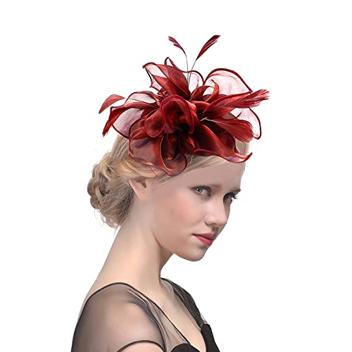 Fascinator Damen Organza Pillbox Hut Haarschmuck Feder Blumen Stirnband Haar Clip Cocktail Tea Party Kirche Haarreif Haarspange Hochzeit Brautschleier Vintage Kopfschmuck für Cosplay Karneval Bankett von LONTG