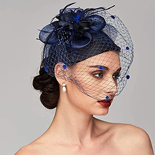 Fascinator Hut Damen Haarspange mit Schleier Feder Blumen Haar Clip Cocktail Tea Party Kirche Haarklammer Haarschmuck Hochzeit Brautschleier Kopfschmuck Karneval Cosplay Festival Haar Accessoires von LONTG