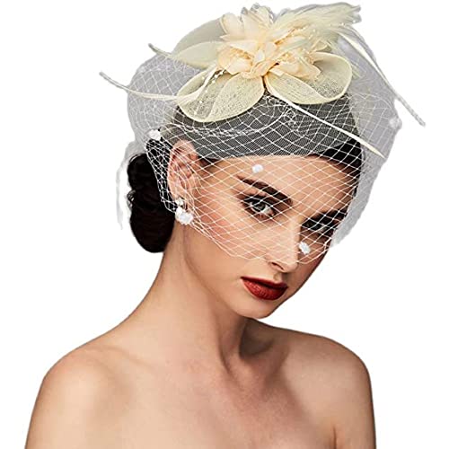 Fascinator Hut Damen Haarspange mit Schleier Feder Blumen Haar Clip Cocktail Tea Party Kirche Haarklammer Haarschmuck Hochzeit Brautschleier Kopfschmuck Karneval Cosplay Festival Haar Accessoires von LONTG