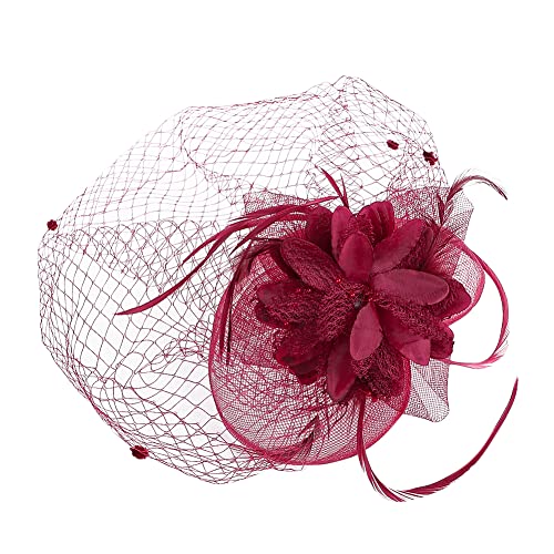 Fascinator Hut Damen Haarspange mit Schleier Feder Blumen Haar Clip Cocktail Tea Party Kirche Haarklammer Haarschmuck Hochzeit Brautschleier Kopfschmuck Karneval Cosplay Festival Haar Accessoires von LONTG