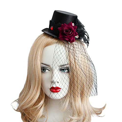Halloween Haarschmuck Damen Mesh Blumen Fascinator Hut Cosplay Maskerade Performance Kopfschmuck Gotischer Pillbox Hut Hochzeit Brautschleier Vintage Haar Accessoires für Halloween Karneval Fasching von LONTG
