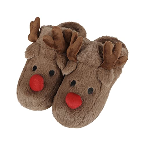 Hausschuhe Damen Herren Kunstfell Pantoffeln Weihnachten Elchmuster Winterhausschuhe Rutschfest Homeslippers Schlappen mit Gummi Sohle Home Indoor Flache Slippers Winter Warme Hüttenschuhe Heimschuhe von LONTG