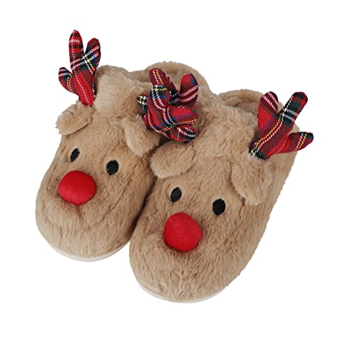 Hausschuhe Damen Herren Kunstfell Pantoffeln Weihnachten Elchmuster Winterhausschuhe Rutschfest Homeslippers Schlappen mit Gummi Sohle Home Indoor Flache Slippers Winter Warme Hüttenschuhe Heimschuhe von LONTG