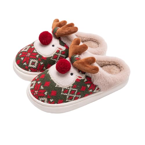 Hausschuhe Damen Herren Plüsch Pantoffeln Weihnachts Winterhausschuhe Elchmuster Rutschfest Homeslippers Warm Schlappen mit Gummisohle Home Indoor Flache Slippers Winter Warme Hüttenschuhe Heimschuhe von LONTG