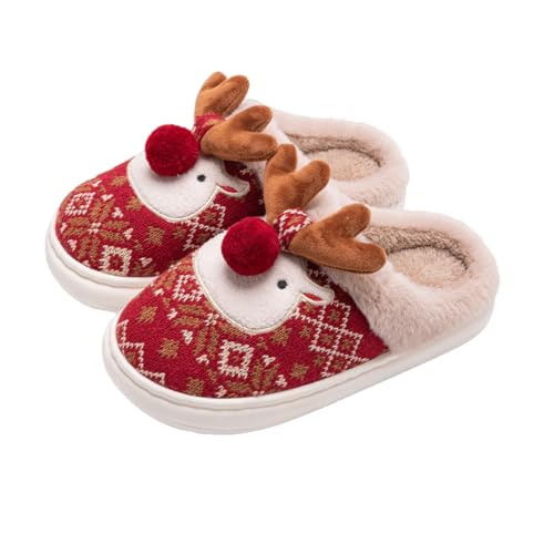 Hausschuhe Damen Herren Plüsch Pantoffeln Weihnachts Winterhausschuhe Elchmuster Rutschfest Homeslippers Warm Schlappen mit Gummisohle Home Indoor Flache Slippers Winter Warme Hüttenschuhe Heimschuhe von LONTG