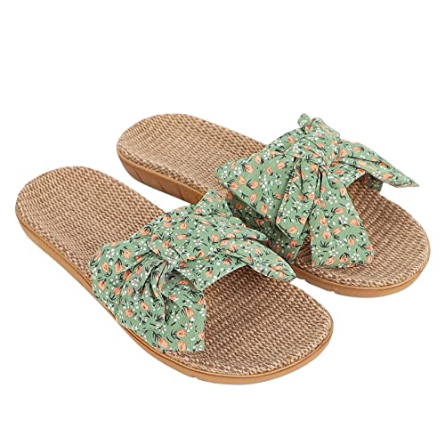 Hausschuhe Damen Mädchen Leinen Pantoffeln mit Schleife Atmungsaktiv Pantoletten Indoor Outdoor Slipper Rutschfest Schlappen Badeschuhe Sommer Frühling Flach Sohle Sandalen für Home Freizeit Urlaub von LONTG