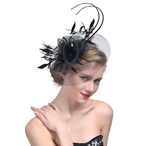 LONTG Fascinator Hut Damen Mädchen Mesh Blumen Stirnband Feder Haarspange Tea Party Kirche Cocktail Haar Clip Hut Hochzeit Braut Haarreif Vintage Haarschmuck Kopfschmuck Headwear Kostüm Zubehör von LONTG