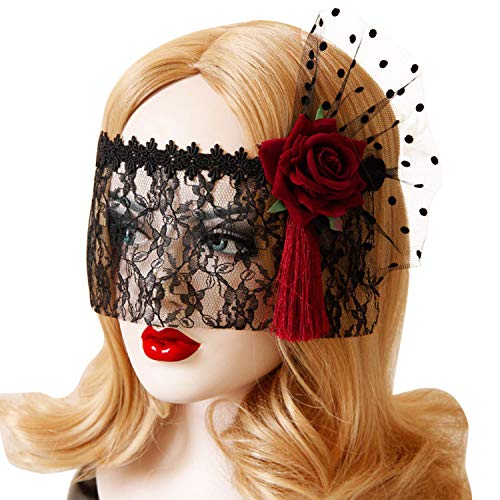 Vintage Spitze Stirnband mit Schleier Rose Blumen Spitzenmaske Cosplay Maskerade Party Augenmaske Halloween Karneval Fasching Kostüm Haarschmuck Damen Mädchen Schwarze Lace Haarband Kopfschmuck von LONTG