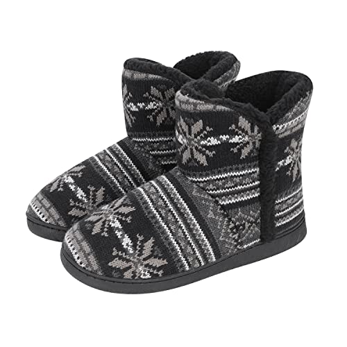 LONTG Winterhausschuhe Damen Herren Strick Stiefel mit Plüschfutter Schneeflocke Muster Schwarz/Grau Gr. 43/44 von LONTG
