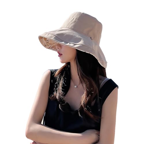 Sonnenhut Damen Breite Krempe Fischerhut Baumwolle Atmungsaktive Sonnenmütze Doppelseitiger Sommerhut mit Schnur Anti-UV Sonnenschutz Strandhut Einfarbige Fischerkappe für Outdoor Urlaub Camping von LONTG